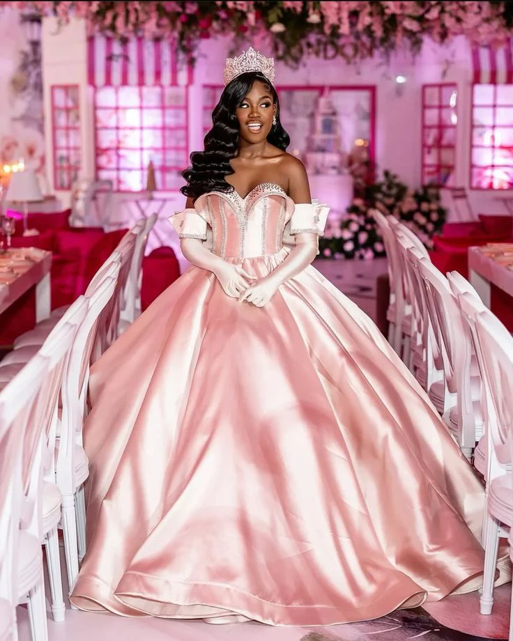 Pretty Ball Gown Sweetheart Pink Satin Long Quinceanera Dress Formal Gowns Vestido De 15 Anos Sweet 16 Dress DH1845 - Deanwangkt