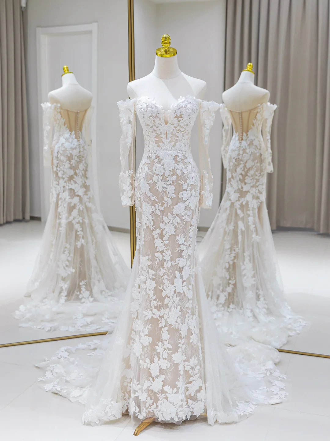 Unique Wedding Dress Mermaid Off The Shoulder Lace Long Sleeves 70s Wedding Dresses Bridal Gowns DH2080 - Deanwangkt