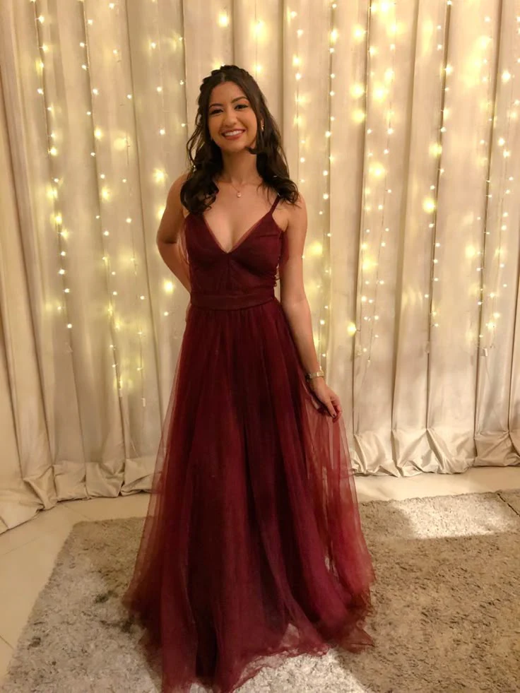 Glamorous A line Spaghetti Straps Tulle Burgundy Long Evening Party Gowns Evening Special Formal Dresses Prom Dress DH191 - Deanwangkt