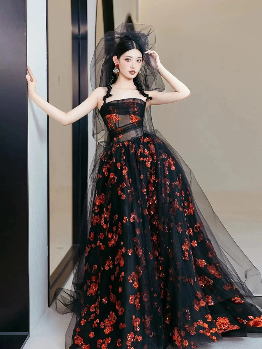 Classy Ball Gown Strapless Tulle Black Evening Dress Long Prom Dresses H2863 - Deanwangkt