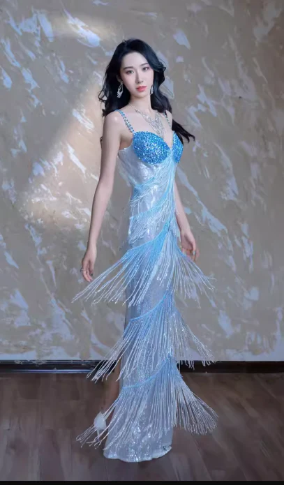 Modest Sheath Sweetheart Neck Long Evening Gown Blue Beaded Formal Dress Elegant Tassel Prom Dress DP2801 - Deanwangkt