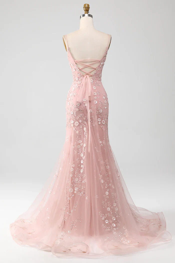 Mermaid Blush Spaghetti Straps Prom Dress With Appliques Evening Dresses DP300 - Deanwangkt
