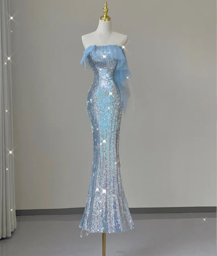Pretty Mermaid Strapless Blue Sequin Long Silver Prom Dresses Evening Dresses DP450 - Deanwangkt