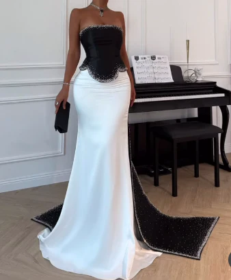 Retro Wedding Dresses Mermaid Strapless Satin Black Long Wedding Dresses Simple Bride Dress Bridal Gowns DH1488 - Deanwangkt