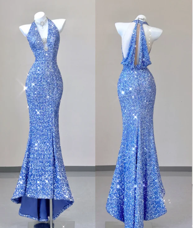 Classy Mermaid Halter V Neckline Blue Sequin Evening Dress Long Prom Dresses P0016 - Deanwangkt