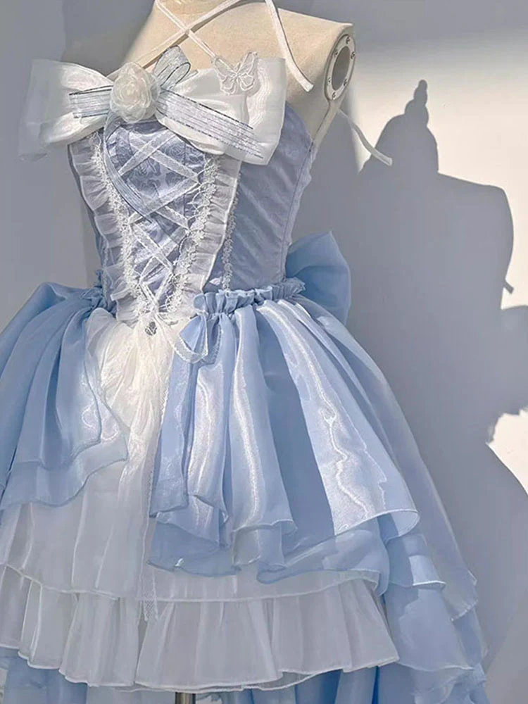 Vintage Ball Gown Halter Light Sky Blue Chiffon Short Summer 18th Birthday Dress Lolita Dress Birthday Outfits W1202 - Deanwangkt