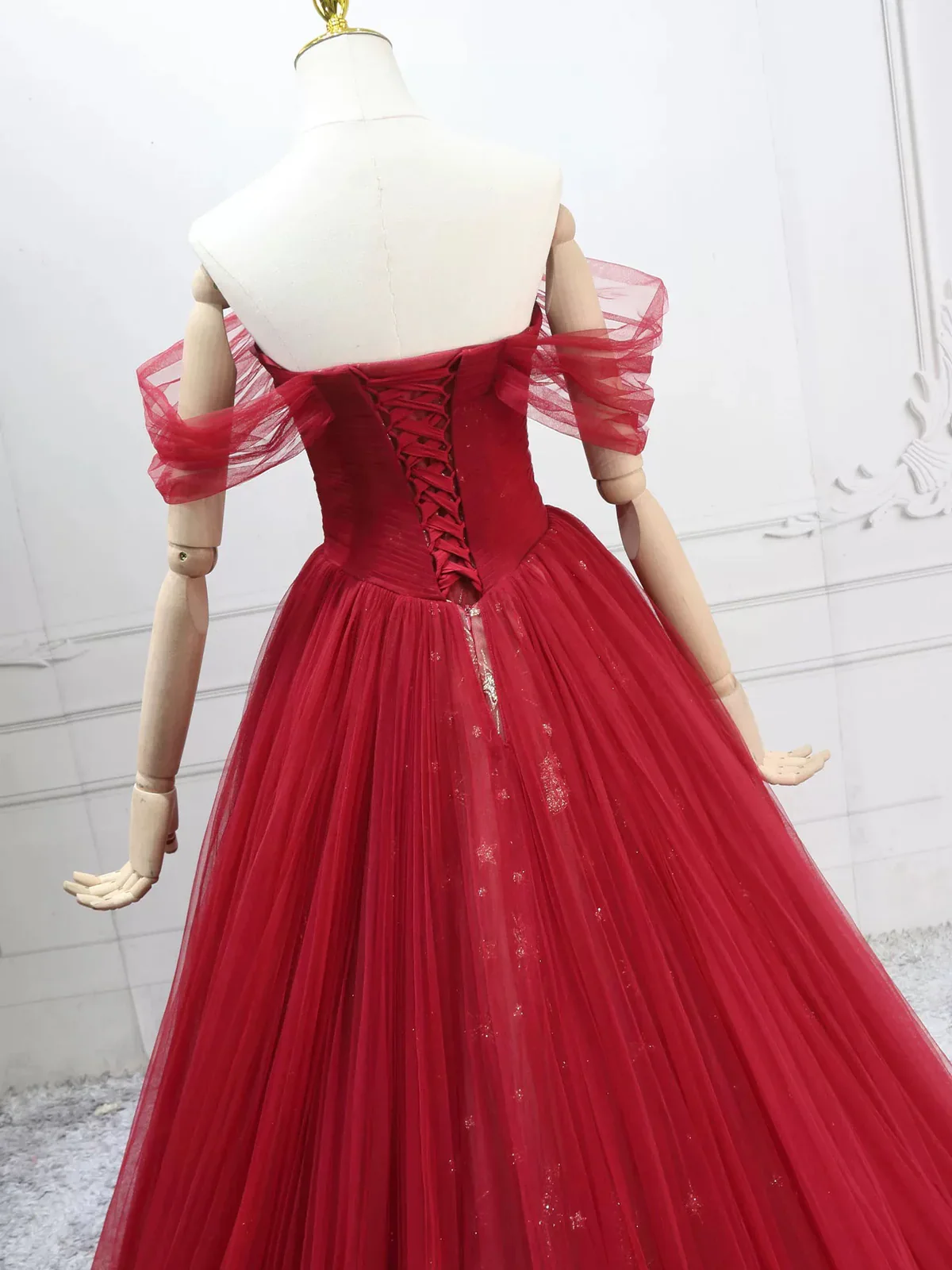 Elegant Off-Shoulder A-Line Tulle Long Prom Dresses, Burgundy Formal Evening Dresses DP3161 - Deanwangkt
