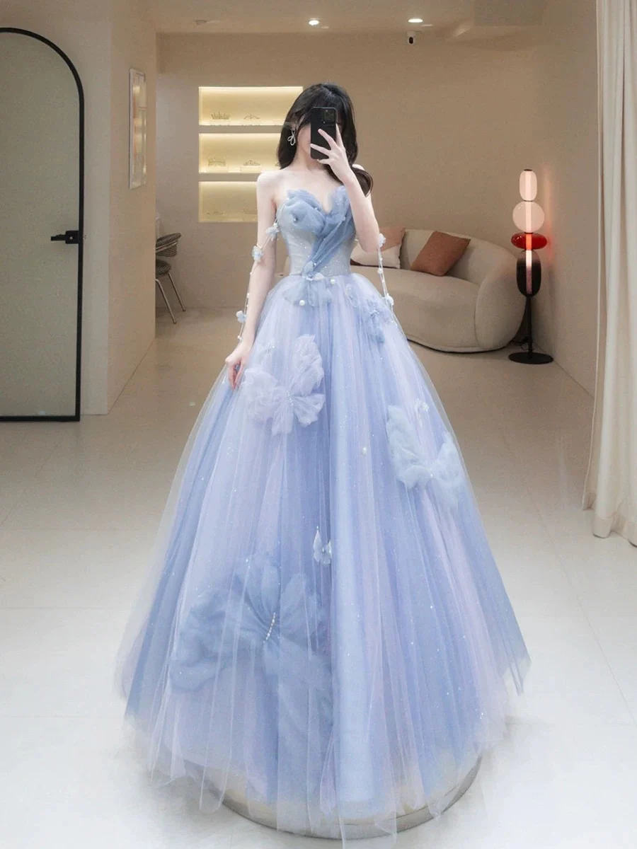 Classy Elegant Ball Gown Sweetheart Blue Tulle Flowers Prom Dresses H2891 - Deanwangkt