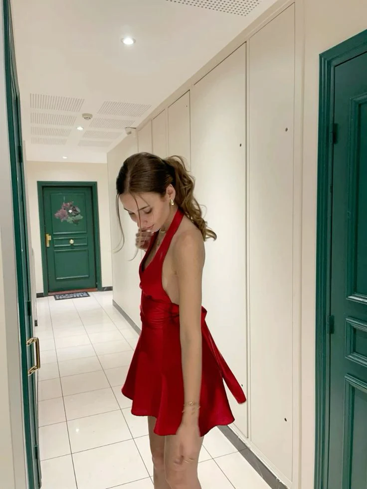 Pretty A line Halter Red Satin Formal Homecoming Dresses 18th Birthday Outfits Graduation Dress Short Mini Cocktail Dresses DH2495 - Deanwangkt