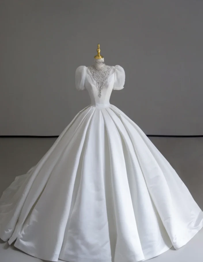 Timeless Ball Gown Scoop Neckline Short Sleeves Long Satin White Sweep Train Wedding Dresses Brides Dress DP513 - Deanwangkt