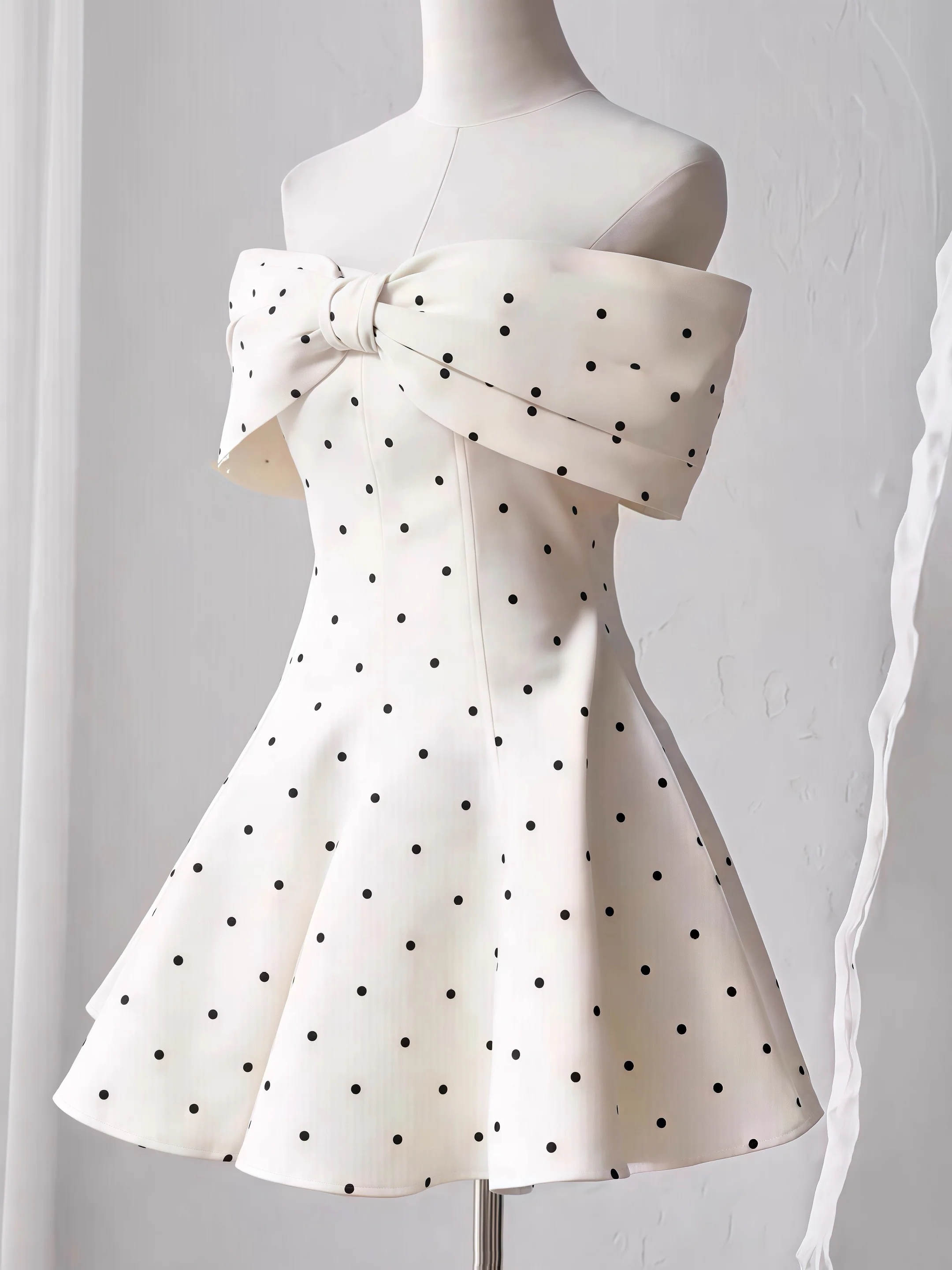 Cute A line Off The Shoulder Black Polka Dots Short Satin Formal Homecoming Dresses Party Graduation Dress Hoco Dresses DH2772 - Deanwangkt