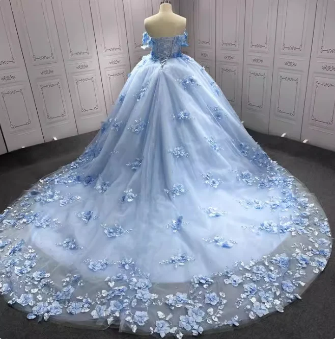Gorgeous Sky Blue Off-the-shoulder Tulle Long Ball Gown with Flower Sweet 16 Birthday Dress Cute Quinceanera Dress DH2731 - Deanwangkt