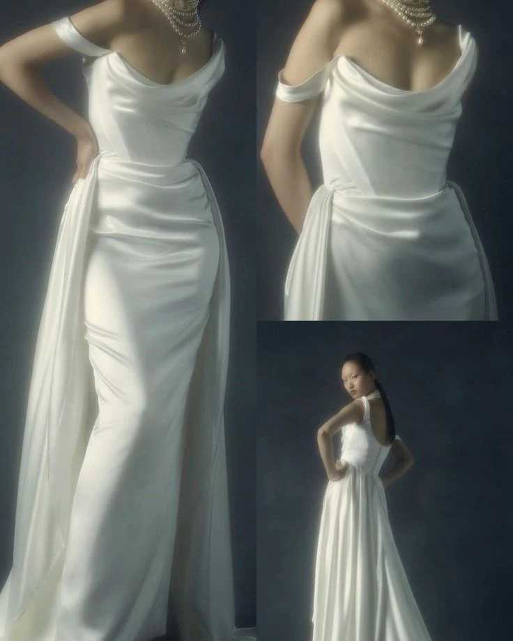 Vintage Bridal Gown Ball Gown Off The Shoulder Satin Wedding Dresses Minimalist Bridal Gowns DP1184 - Deanwangkt