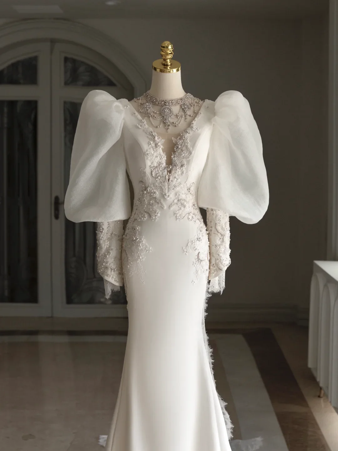 Retro Bridal Dress Mermaid V Neck Long Sleeves Satin Wedding Dress With Lace Wedding Dresses Modest Wedding Gowns DH1294 - Deanwangkt