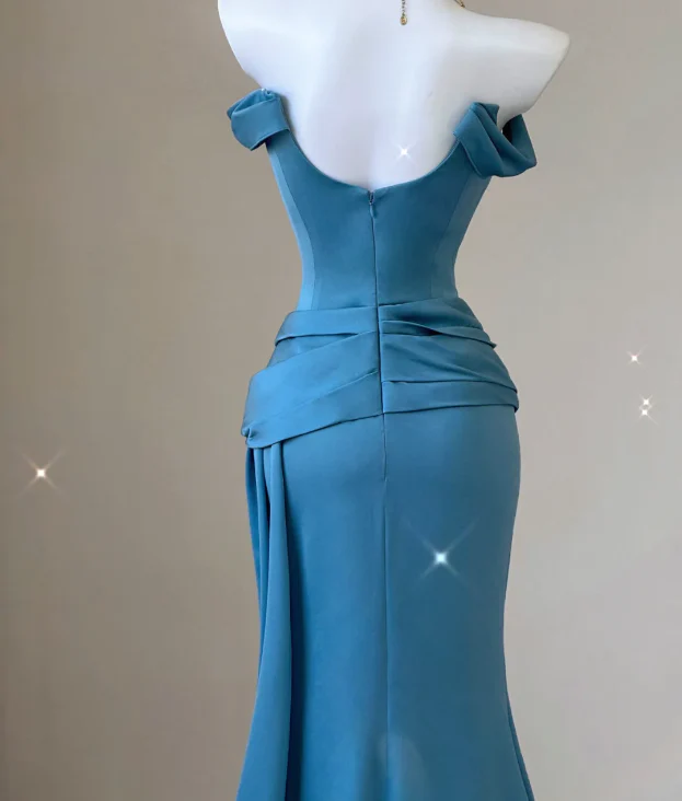 Classy Mermaid Strapless Blue Satin Evening Dress Long Prom Dresses P0009 - Deanwangkt