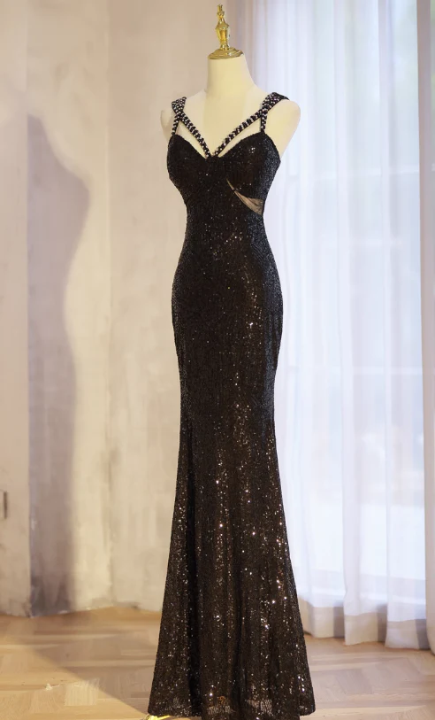Elegant Black Mermaid Evening Gowns Spaghetti Strap Formal Dresses Spark Sequin Sleeveless Long Prom Dresses DH2697 - Deanwangkt