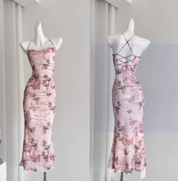 Cute Mermaid Spaghetti Straps Pink Floral Long Summer Dress For Women DP0012 - Deanwangkt