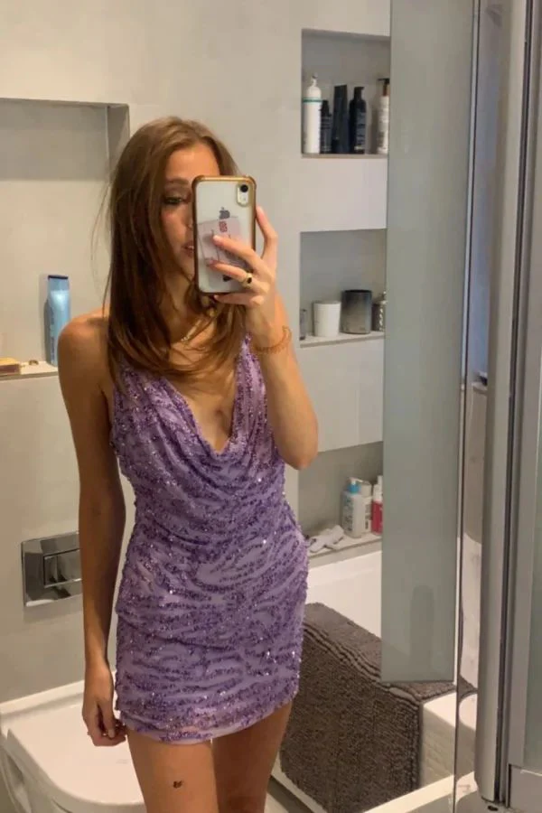 Sexy Sheath Halter Grape Sequin Short Formal Homecoming Dress Middle School Short 16th Birthday Outfits Graduation Dress Cocktail Dresses DH2230 - Deanwangkt