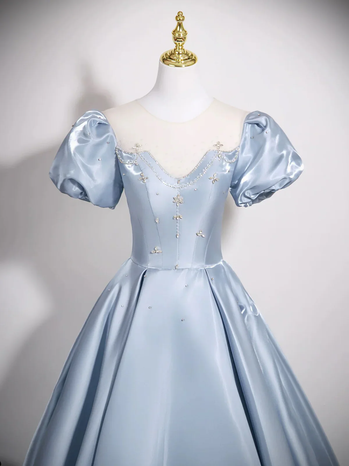 Cute Jewel A-Line Puff Sleeves Satin Blue Long Prom Dress, Blue Formal Dress DP3159 - Deanwangkt