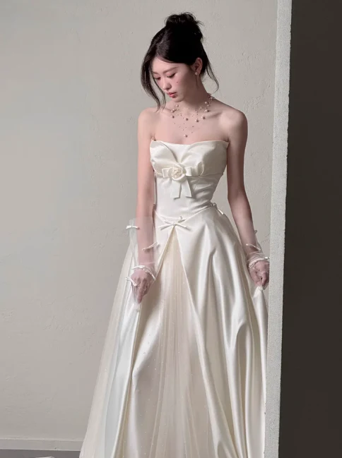 Elegant Strapless A-Line Long Luxury Wedding Dresses Tulle Satin Simple Bridal Dresses DP2978 - Deanwangkt