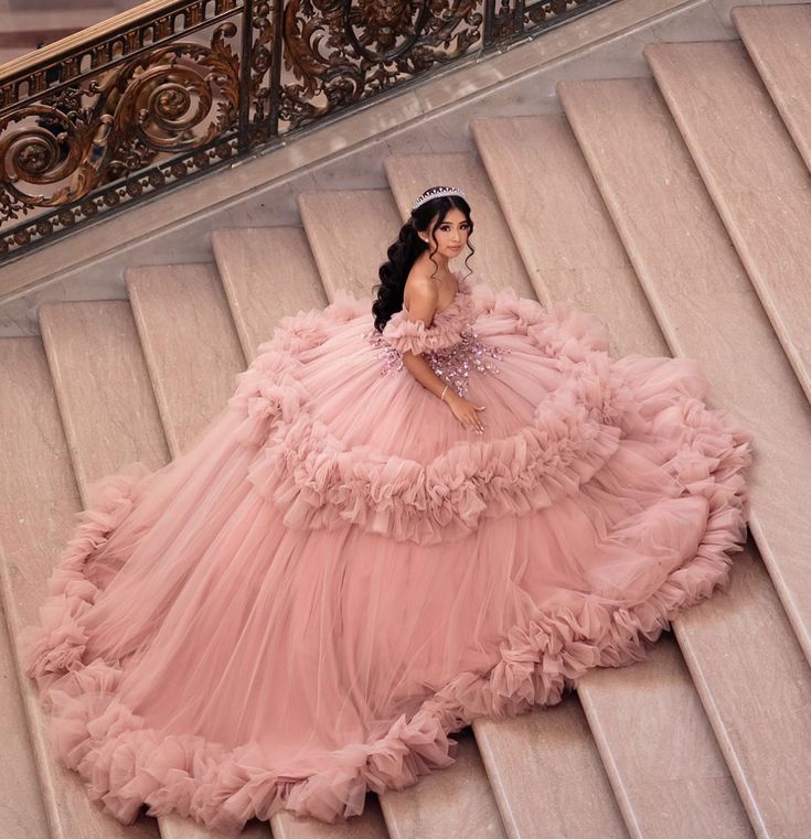 Modest Ball Gown Off The Shoulder Pink Tulle Long Quinceanera Dress Formal Gowns Vestido De 15 Anos Sweet 16 Dress DH1848 - Deanwangkt