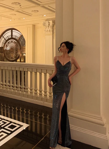 Elegant Glamour Sheath Straps Spaghetti Blue Sequin Slit Prom Gowns Party Dress Classy Gowns Evening Dresses DP1460 - Deanwangkt