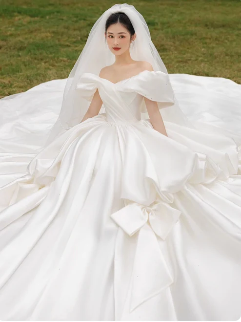 Modest Ball Gown Off-the-shoulder Bridal Dress White Satin Long Wedding Dress Elegant Bridal Gowns DP2818 - Deanwangkt