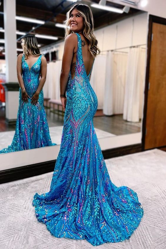 Sexy Charming Mermaid V Neck Blue Sequined Lace Long Prom Dress Evening Dresses DP254 - Deanwangkt