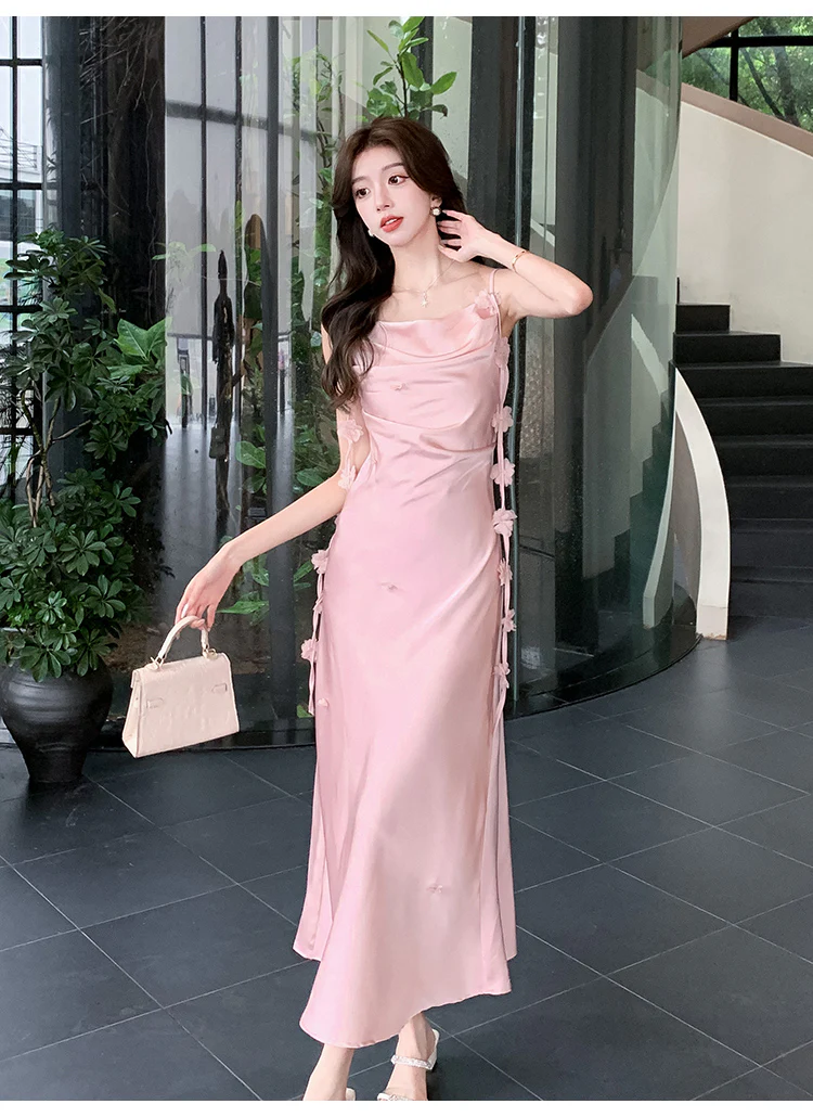 Cute A line Spaghetti Straps Pink Floral Long Satin Summer Dress For Women DP0010 - Deanwangkt
