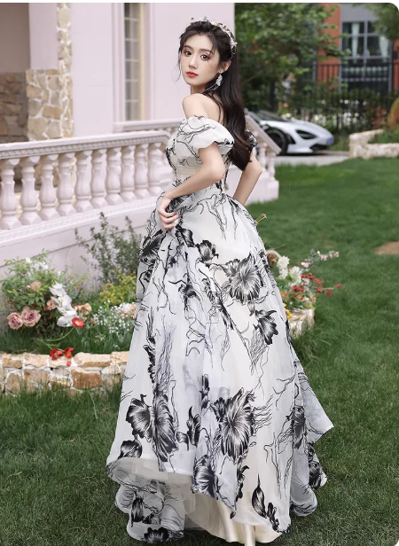 Elegant Off-the-shoulder Evening Dresses, Floral Chiffon Formal Dresses, A-Line Birthday Dresses DP2994 - Deanwangkt