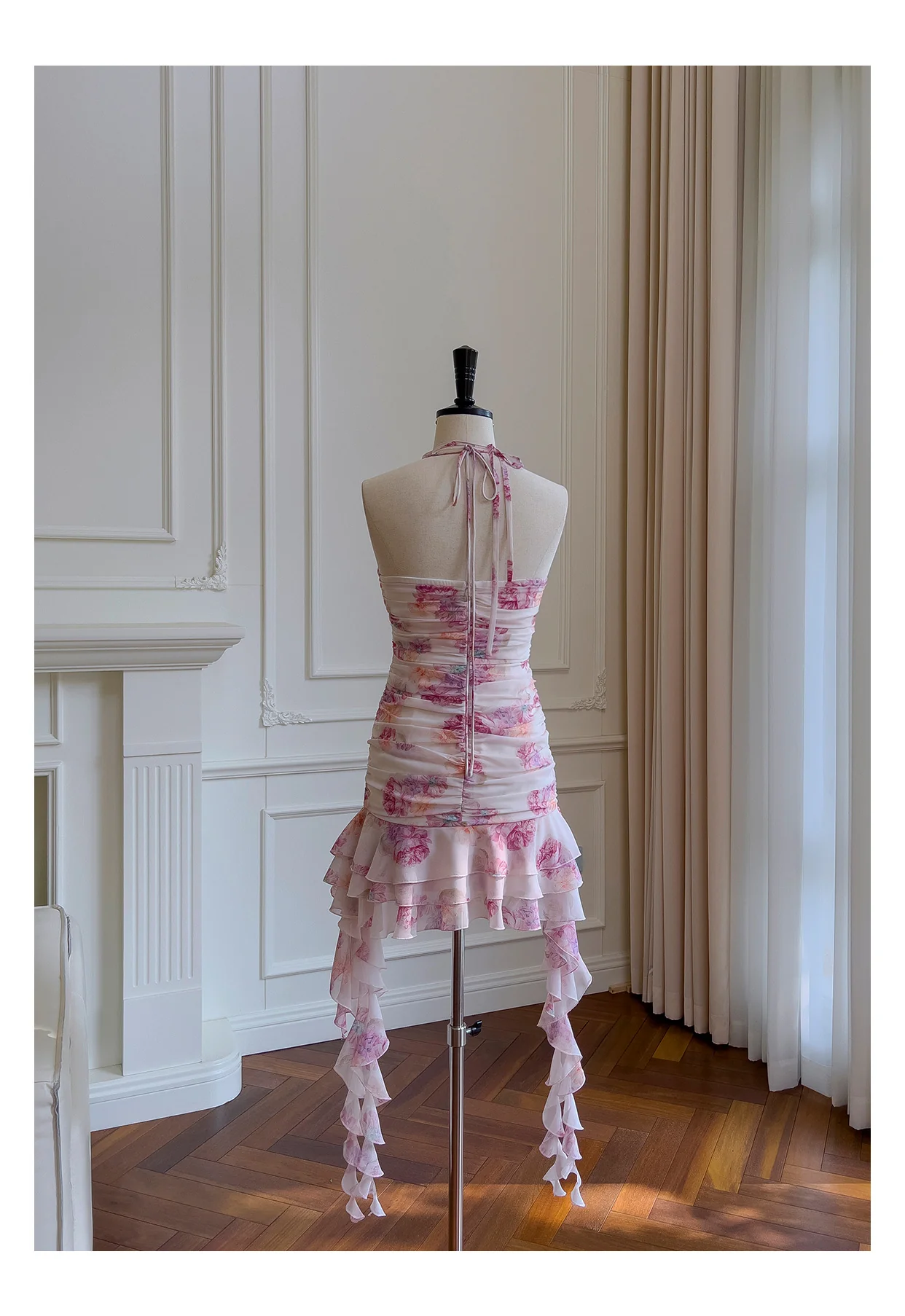 Pretty Sheath Halter Pink Floral Chiffon Short Formal Homecoming Dresses Middle School Short 21st Birthday Outfits Graduation Dress Mini Cocktail Dresses DH2289 - Deanwangkt