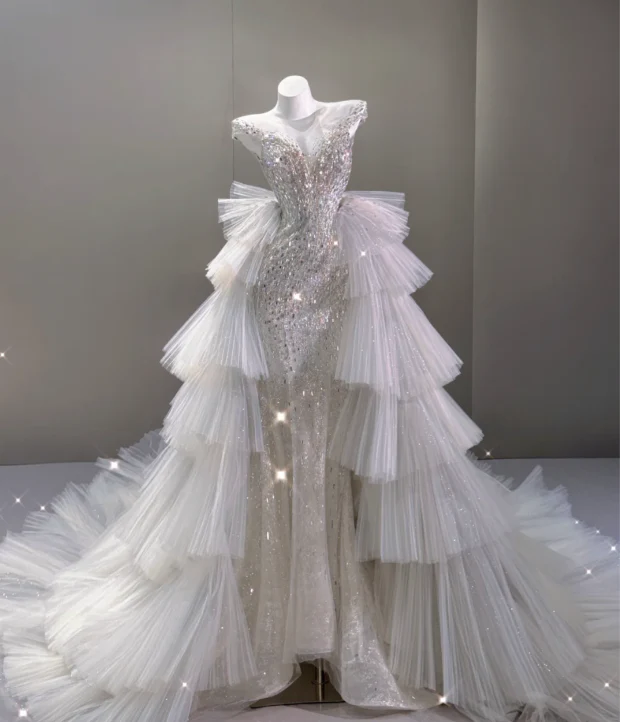 Elegant Mermaid Scoop Neckline Sequin Wedding Dresses Long Brides Dress P0017 - Deanwangkt