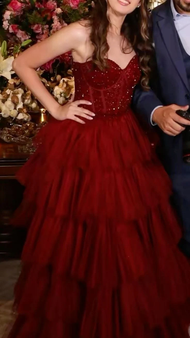 Classy Ball Gown Sweetheart Burgundy Long Formal Prom Gown Summer Wedding Guest Dress Bridal Guest Dresses Wedding Outfits For Guest DH138 - Deanwangkt