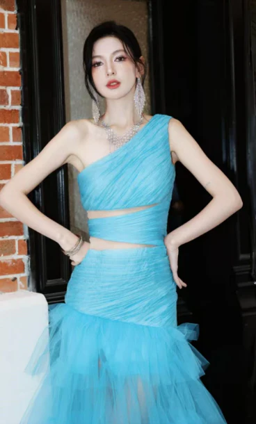 Modest Blue One Shoulder Formal Dress Tulle Mermaid Long Evening Gowns Prom Dresses DH2696 - Deanwangkt