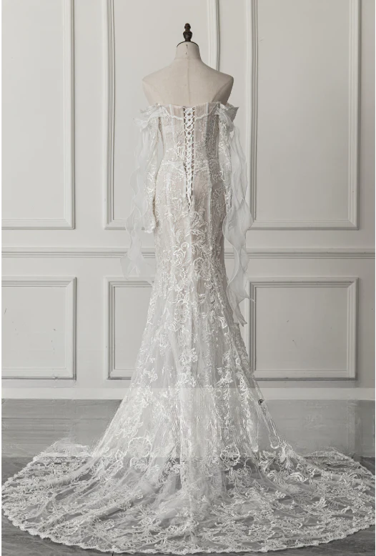 Simple Bridal Gown Mermaid Off The Shoulder White Long Sleeves Lace Wedding Dresses Elegant Bridal Gowns DH929 - Deanwangkt