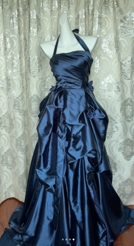Vintage Halter A-Line Long Prom Dresses Satin Navy Blue Formal Dresses Sleeveless Evening Dresses DP3278 - Deanwangkt