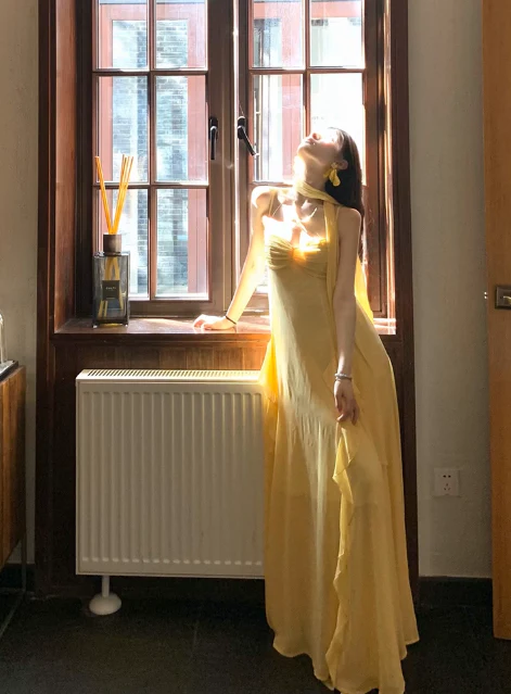 Elegant Sheath Evening Dresses, Spaghetti Strap Chiffon Yellow Guest Dress DP2997 - Deanwangkt