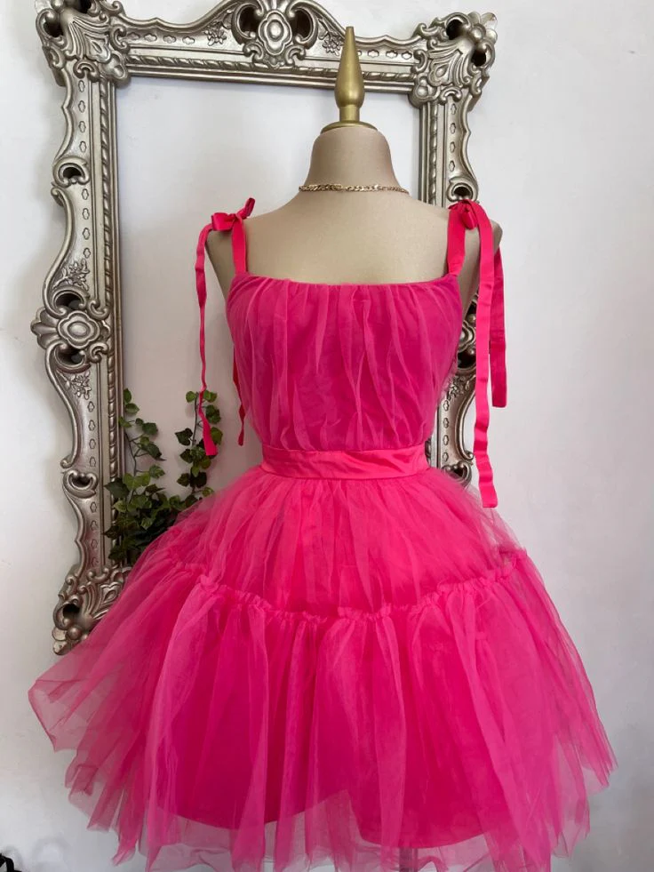Fancy Ball Gown Spaghetti Straps Hot Pink Tulle Formal Homecoming Dresses High School Graduation Dress Short Night Elegant Hoco Dresses DH2704 - Deanwangkt