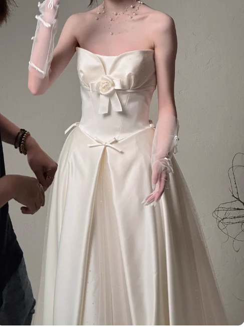 Elegant Strapless A-Line Long Luxury Wedding Dresses Tulle Satin Simple Bridal Dresses DP2978 - Deanwangkt