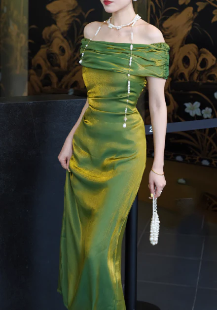 Elegant Sheath Green Long Prom Dresses Off Shoulder Satin Green Wedding Guest Dresses DP3825 - Deanwangkt