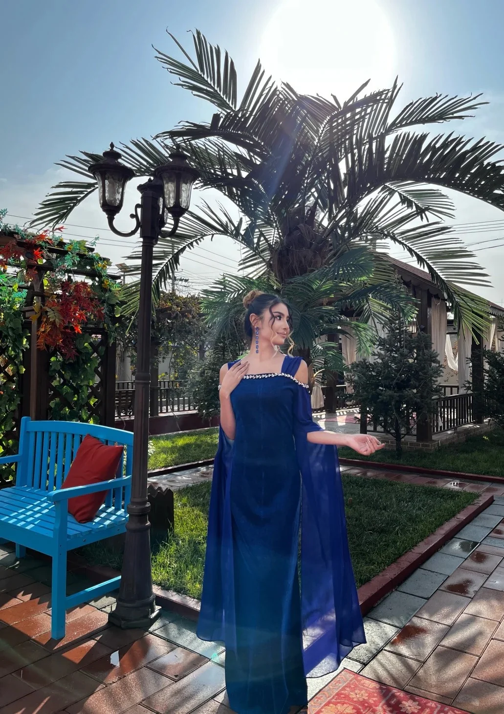 Elegant Sheath Blue Long Prom Dresses Off-the-shoulder Long-sleeved Blue Evening Dresses DP3908 - Deanwangkt