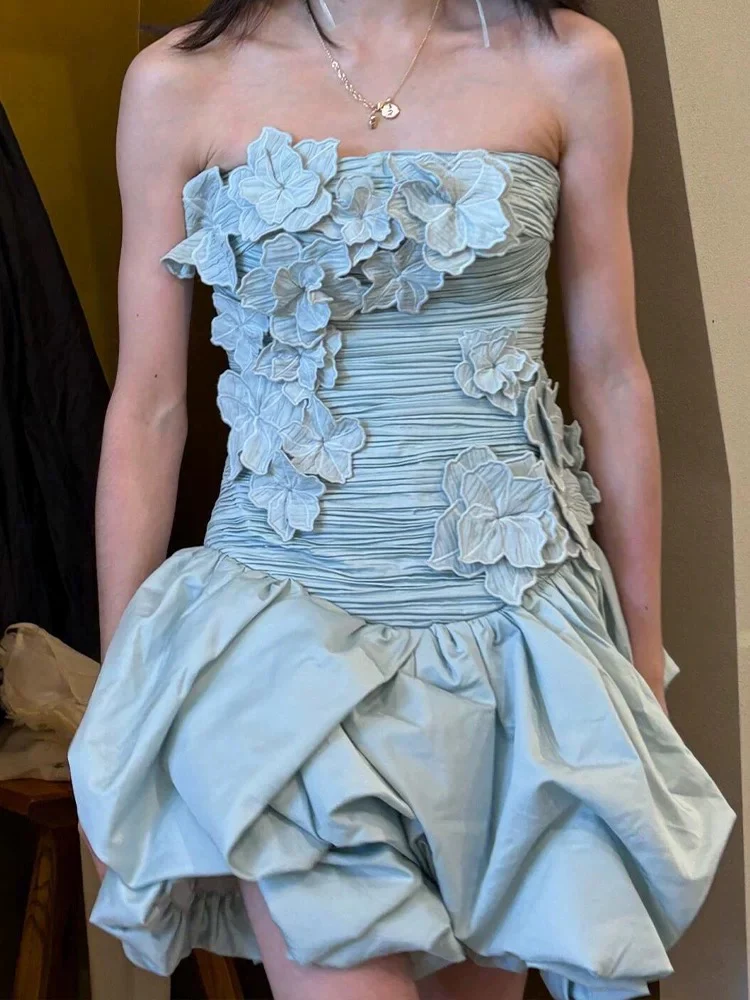 Sexy Sheath Strapless Blue Flowers Short Homecoming Dress Summer Hoco Dresses Cocktail Dress 18th Birthday Outfits W0753 - Deanwangkt