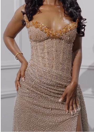 Sexy Beaded Neckline Long Sequined Mermaid Slit Evening Dress Birthday Outfits Party Dress Formal Dress DP253 - Deanwangkt