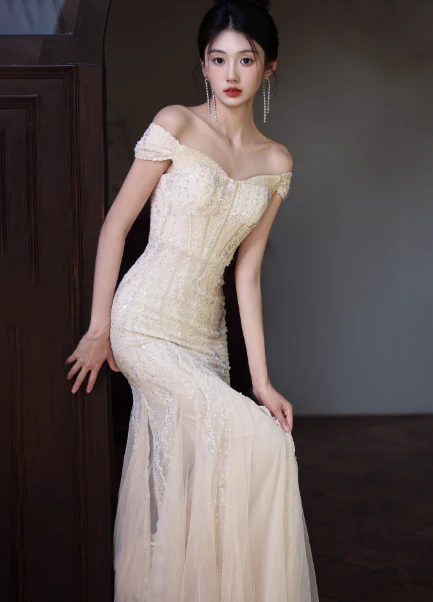 Elegant Off-the-Shoulder Mermaid Long Prom Dresses Tulle Apricot Evening Dresses DP3876 - Deanwangkt