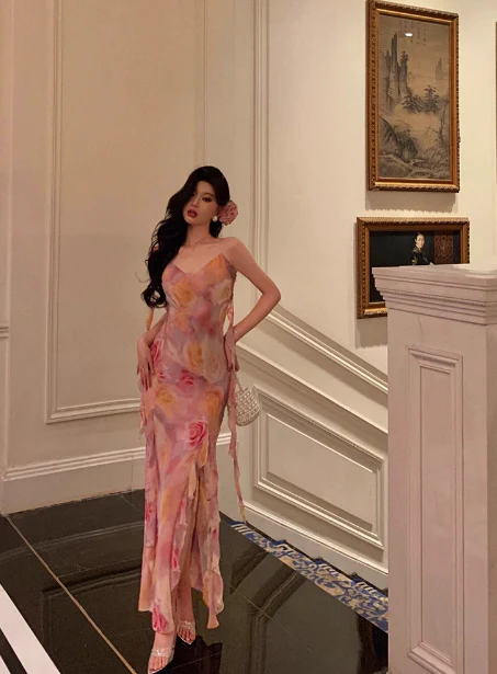 Classy Mermaid Pink Floral Chiffon Long 18th Birthday Dress Party Gown 21st Birthday Outfits Birthday Dress Ideas For Women DP601 - Deanwangkt