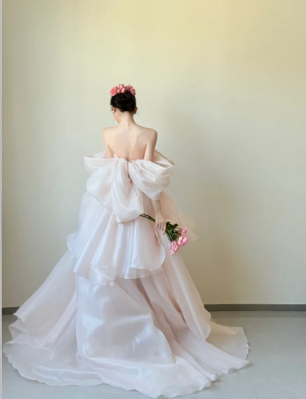 Gorgeous Off-the-shoulder Sheath Long Wedding Dresses Tulle Bridal Dresses Light Pink Short-sleeved Bridal Gowns DP3705 - Deanwangkt