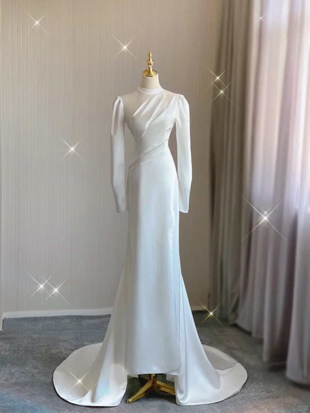 Simple Mermaid High Neckline Long Sleeves Satin White Wedding Dresses Bride Dress DP357 - Deanwangkt