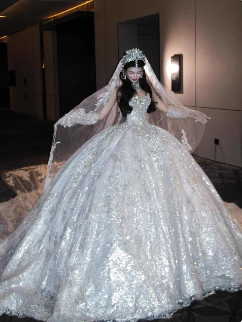 Luxury Sweetheart Neck Ball Gown Beaded Long Wedding Dresses Tulle White Bridal Dresses Sleeveless Bridal Gowns DP3697 - Deanwangkt