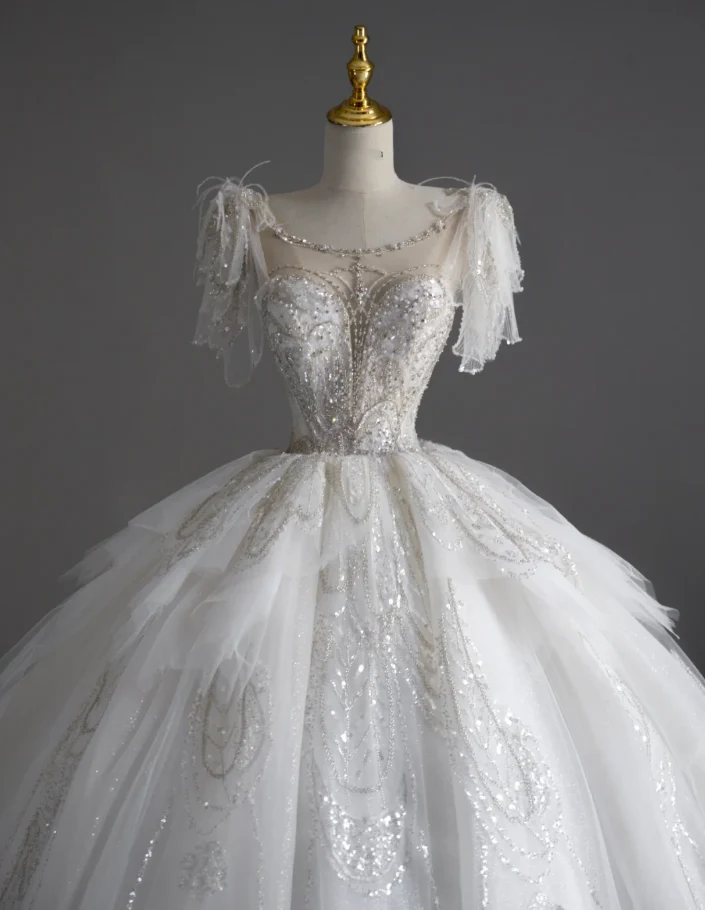 Timeless Ball Gown Scoop Short Sleeves Long Satin White Sweep Train Wedding Dresses Brides Dress DP507 - Deanwangkt