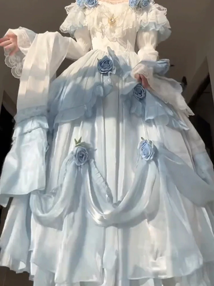 Vintage Ball Gown Off The Shoulder Short Sleeves 16th Blue Birthday Dress Lolita Summer Dress 18th Birthday Outfits W1134 - Deanwangkt